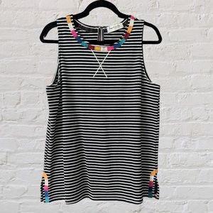 Impressions Tank Top Medium Black White Stripe Embroidered High Quality EUC